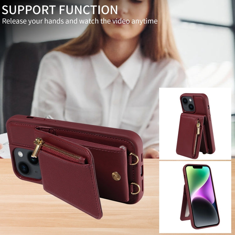 Avelena | iPhone 14 Crossbody Lanyard Reißverschluss Geldbörse Leder Handyhülle - Weinrot
