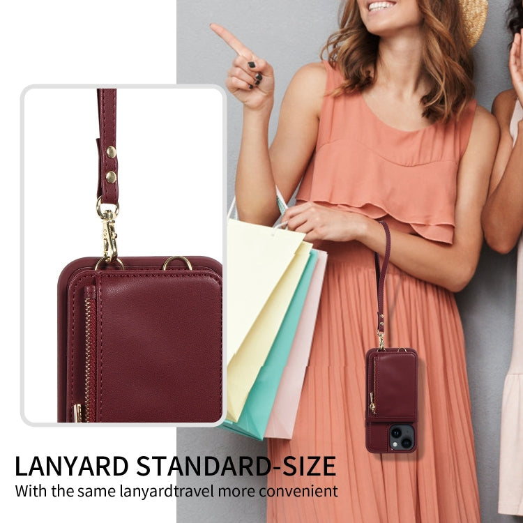 Avelena | iPhone 14 Crossbody Lanyard Reißverschluss Geldbörse Leder Handyhülle - Weinrot