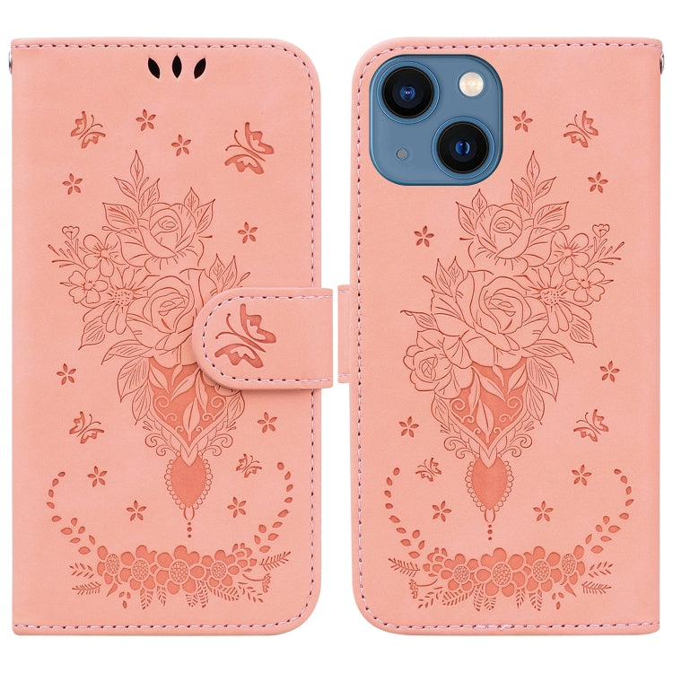 Avelena | iPhone 15 Schmetterlingsrose Prägung Leder Handyhülle - Pink