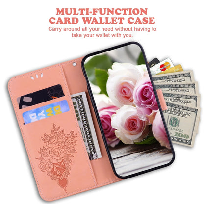 Avelena | iPhone 15 Schmetterlingsrose Prägung Leder Handyhülle - Pink