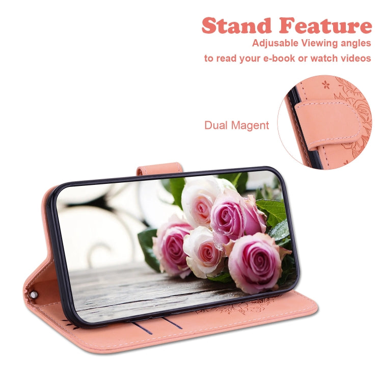 Avelena | iPhone 15 Schmetterlingsrose Prägung Leder Handyhülle - Pink