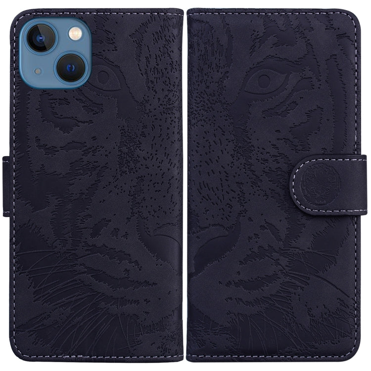 Avelena | iPhone 14 Tiger Prägungsmuster Leder Handyhülle - Schwarz