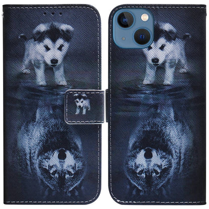 Avelena | iPhone 15 Farbige Zeichnung Flip Leder Handyhülle - Wolf und Hund
