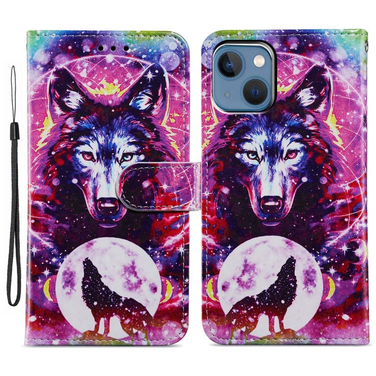 Avelena | iPhone 15 Plus Buntes Zeichnung Leder Handyhülle - Wolf Totem