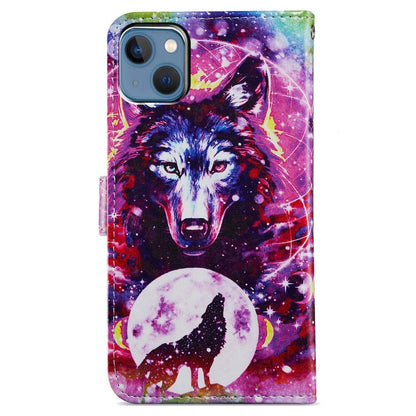 Avelena | iPhone 15 Plus Buntes Zeichnung Leder Handyhülle - Wolf Totem