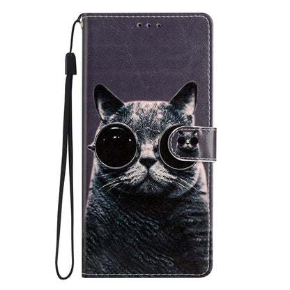 Avelena | iPhone 15 Buntes Zeichnung Leder Handyhülle - Sonnenbrille Katze