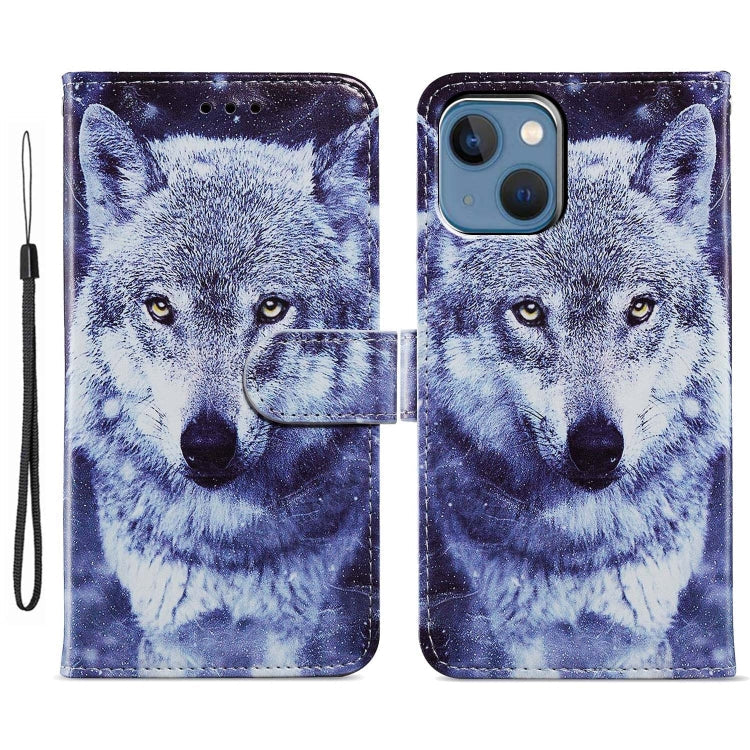 Avelena | iPhone 15 Bunt Zeichnen Leder Handyhülle - Weißer Wolf