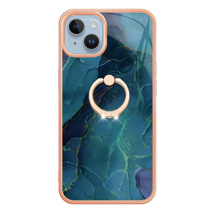 Avelena | iPhone 15 Plus Elektroplating Marmor Dual-Seite IMD Handyhülle mit Ring - Grün 017