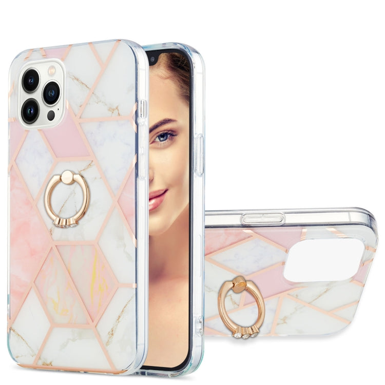 Avelena | Iphone 15 Pro Elektrophorese Splicing Marmor Muster Imd Tpu Stoßfest Hülle Mit Ring Halter - Pink Weiß