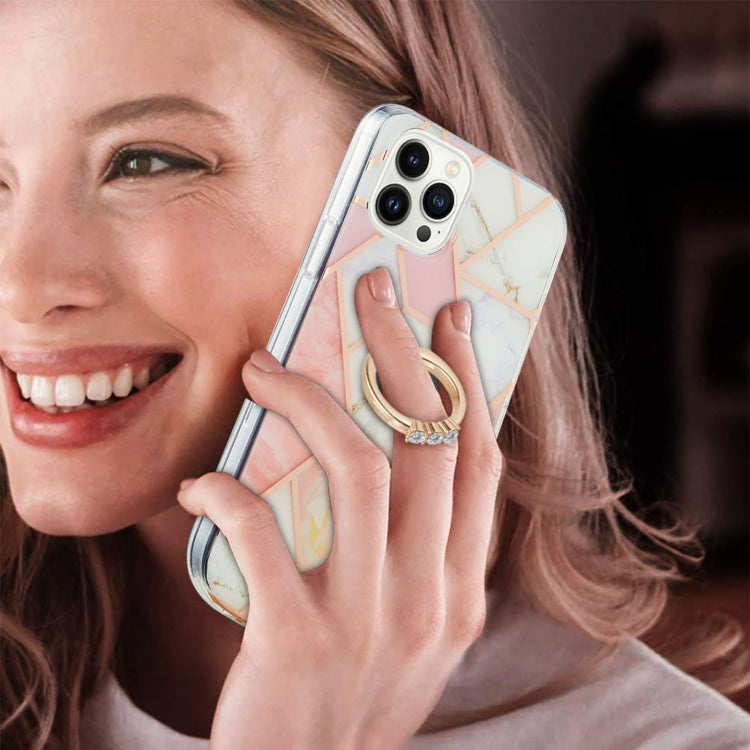 Avelena | Iphone 15 Pro Elektrophorese Splicing Marmor Muster Imd Tpu Stoßfest Hülle Mit Ring Halter - Pink Weiß