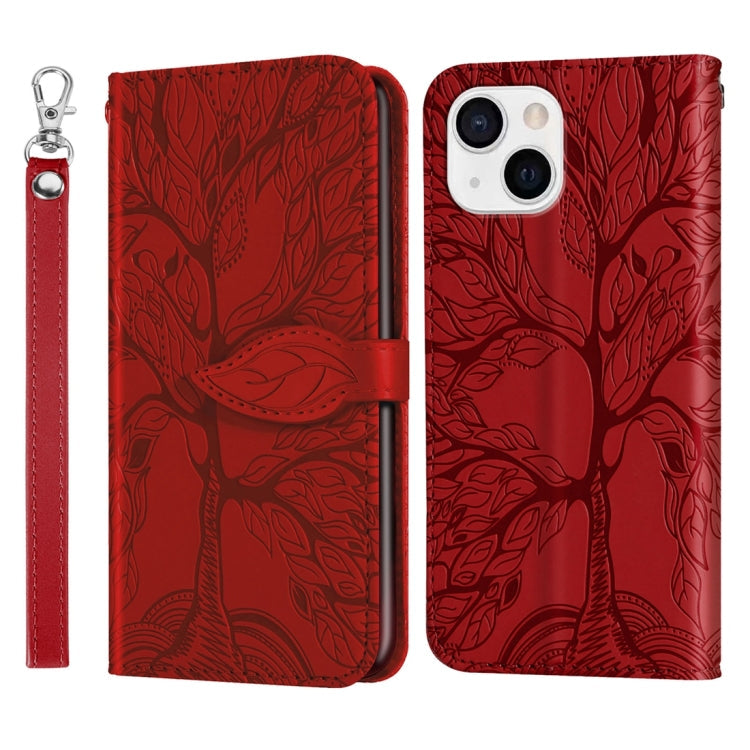 Avelena | iPhone 15 Lebensbaum Prägungsmuster Leder Handyhülle - Rot