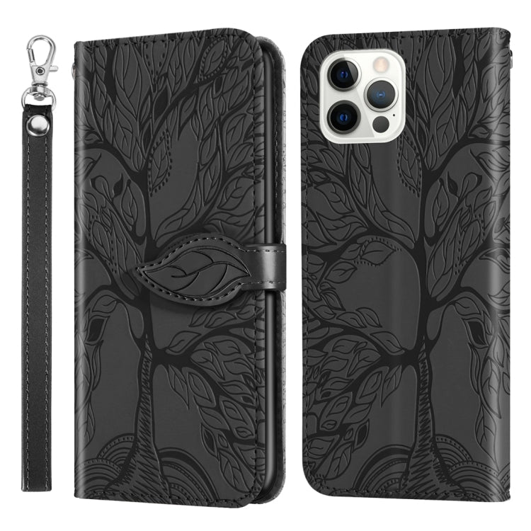 Avelena | Iphone 15 Pro Lebensbaum Präge Muster Leder Handytasche - Schwarz