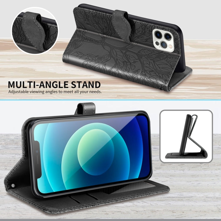 Avelena | Iphone 15 Pro Lebensbaum Präge Muster Leder Handytasche - Schwarz