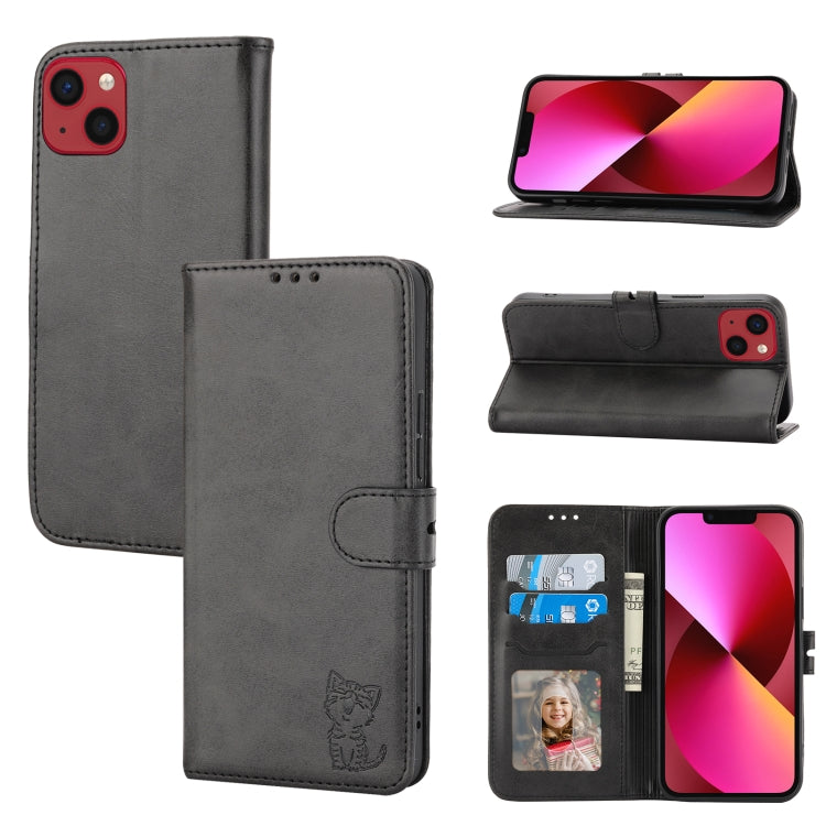Avelena | iPhone 15 Prägung Happy Cat Muster Flip Leder Handyhülle - Schwarz