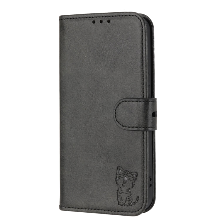 Avelena | iPhone 15 Prägung Happy Cat Muster Flip Leder Handyhülle - Schwarz