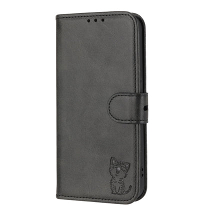 Avelena | iPhone 15 Prägung Happy Cat Muster Flip Leder Handyhülle - Schwarz