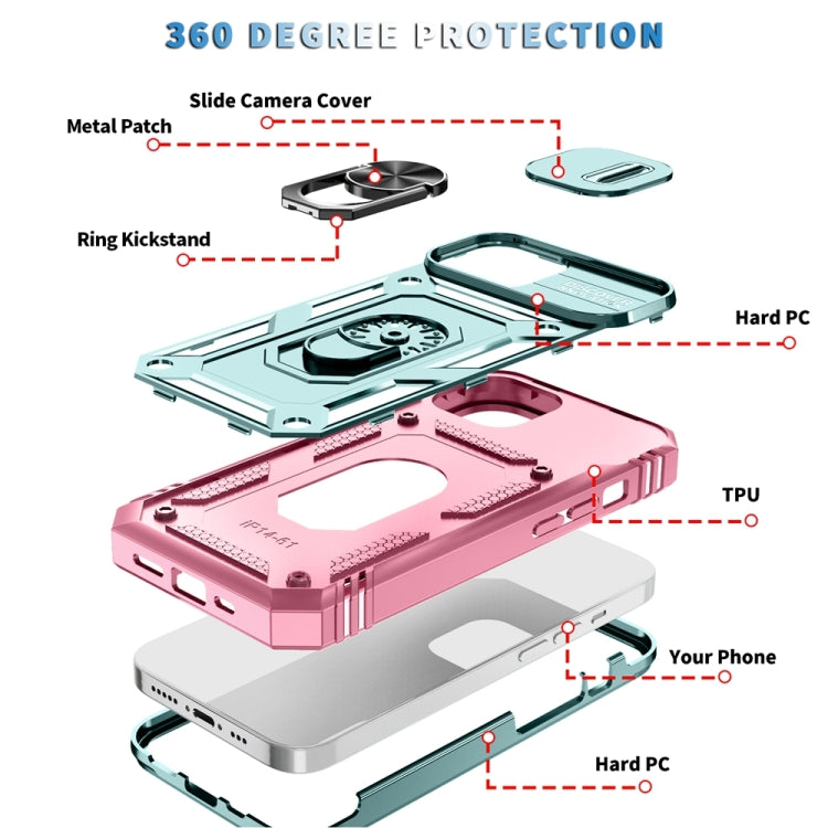 Avelena | iPhone 15 Sliding Camshield Halterung Handytasche - Grün+Rosa