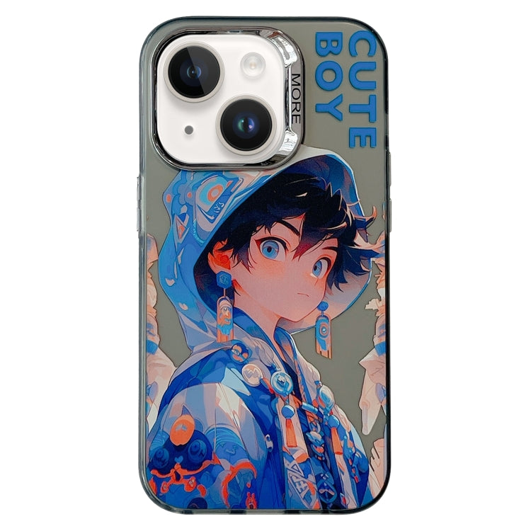 Avelena | iPhone 14 Chinesischer Antiker Stil Elektroplattierter Objektivring PC Hybrid TPU Telefonhülle - Blauer Buchstabe Junge
