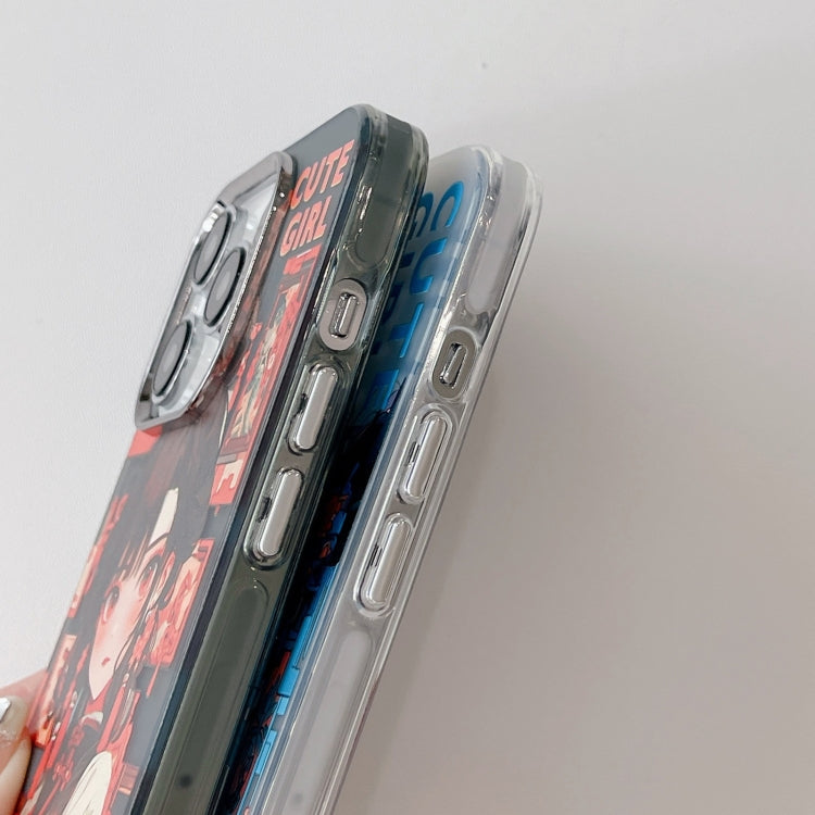 Avelena | iPhone 14 Chinesischer Antiker Stil Elektroplattierter Objektivring PC Hybrid TPU Telefonhülle - Blauer Buchstabe Junge