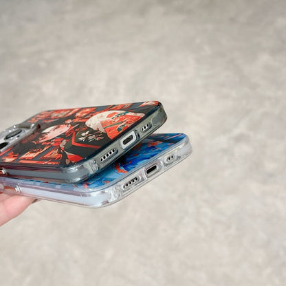 Avelena | iPhone 14 Chinesischer Antiker Stil Elektroplattierter Objektivring PC Hybrid TPU Telefonhülle - Blauer Buchstabe Junge