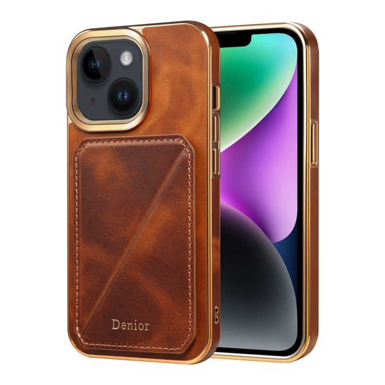 Avelena | Iphone 14 Plus Denior Öl Wachs Leder Elektroplating Kartensteckplatz Halter Handyhülle - Braun
