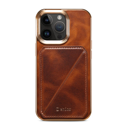 Avelena | Iphone 14 Plus Denior Öl Wachs Leder Elektroplating Kartensteckplatz Halter Handyhülle - Braun