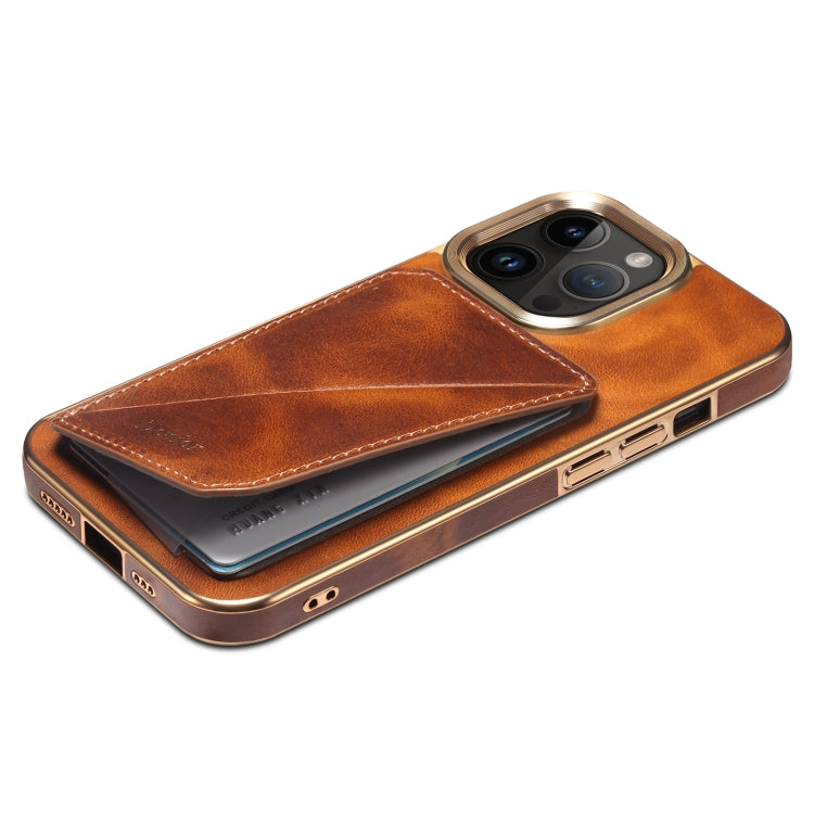 Avelena | Iphone 14 Plus Denior Öl Wachs Leder Elektroplating Kartensteckplatz Halter Handyhülle - Braun