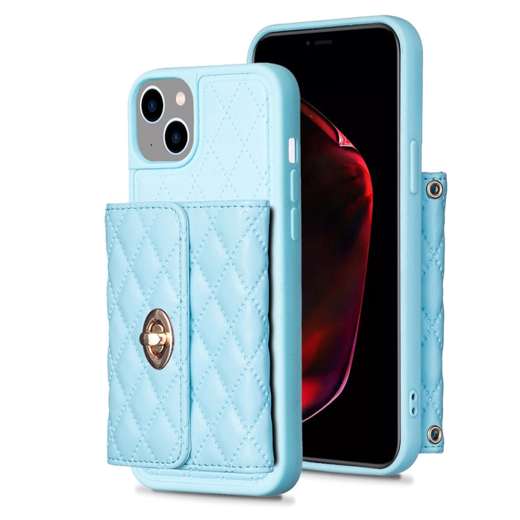 Avelena | iPhone 15 Horizontal Wallet Rhombic Leder Handyhülle - Blau