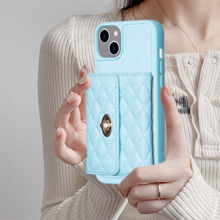 Avelena | iPhone 15 Horizontal Wallet Rhombic Leder Handyhülle - Blau
