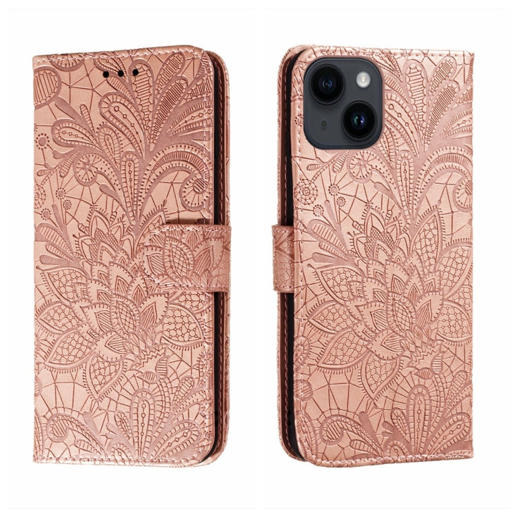Avelena | iPhone 15 Spitzenblumen-Prägung Flip-Leder-Handyhülle - Rose Gold