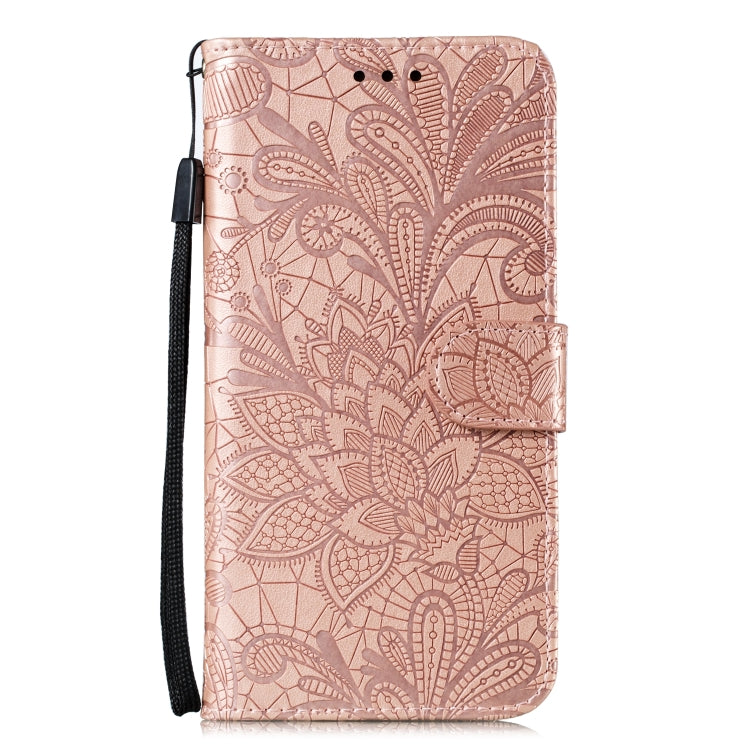 Avelena | iPhone 15 Spitzenblumen-Prägung Flip-Leder-Handyhülle - Rose Gold