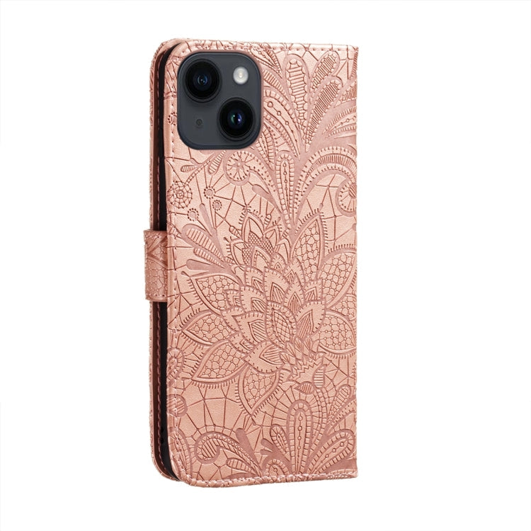 Avelena | iPhone 15 Spitzenblumen-Prägung Flip-Leder-Handyhülle - Rose Gold
