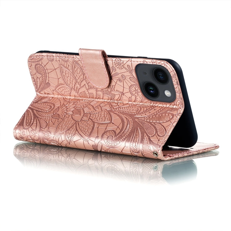 Avelena | iPhone 15 Spitzenblumen-Prägung Flip-Leder-Handyhülle - Rose Gold