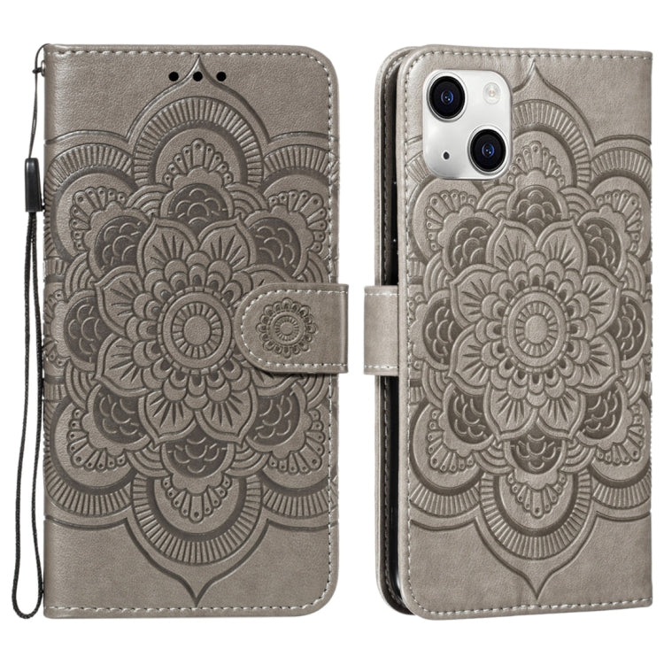 Avelena | iPhone 15 Mandala Prägungsmuster Horizontal Flip Leder Handyhülle - Grau