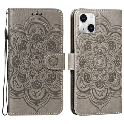Avelena | iPhone 15 Mandala Prägungsmuster Horizontal Flip Leder Handyhülle - Grau