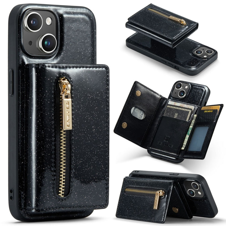 Avelena | iPhone 15 DG.MING M3 Serie Glitzerpulver Kartenetui Leder Handyhülle - Schwarz