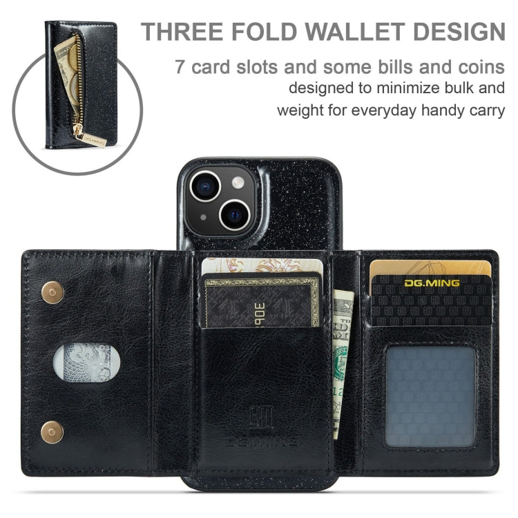 Avelena | iPhone 15 DG.MING M3 Serie Glitzerpulver Kartenetui Leder Handyhülle - Schwarz
