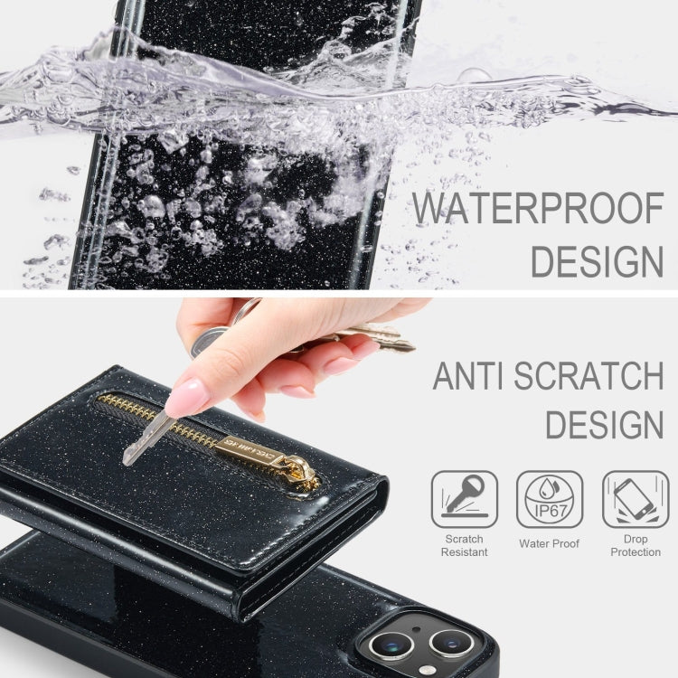 Avelena | iPhone 15 DG.MING M3 Serie Glitzerpulver Kartenetui Leder Handyhülle - Schwarz