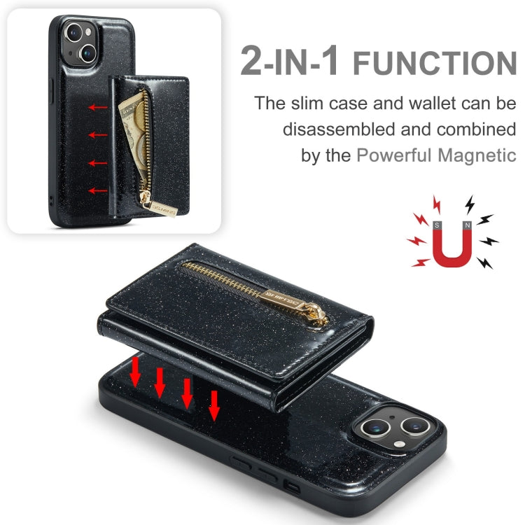 Avelena | iPhone 15 DG.MING M3 Serie Glitzerpulver Kartenetui Leder Handyhülle - Schwarz