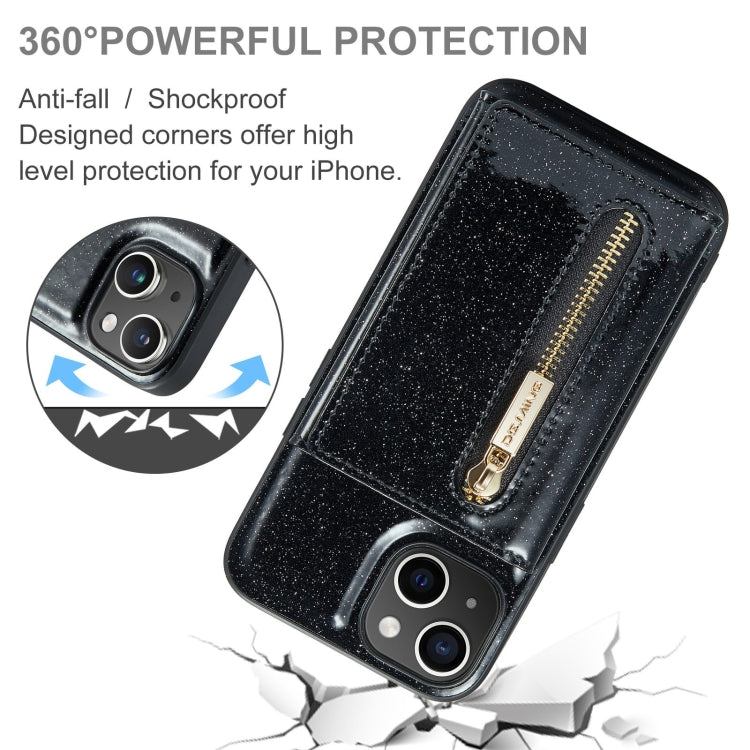 Avelena | iPhone 15 DG.MING M3 Serie Glitzerpulver Kartenetui Leder Handyhülle - Schwarz