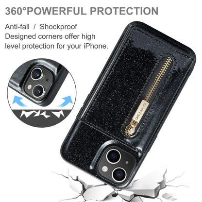 Avelena | iPhone 15 DG.MING M3 Serie Glitzerpulver Kartenetui Leder Handyhülle - Schwarz