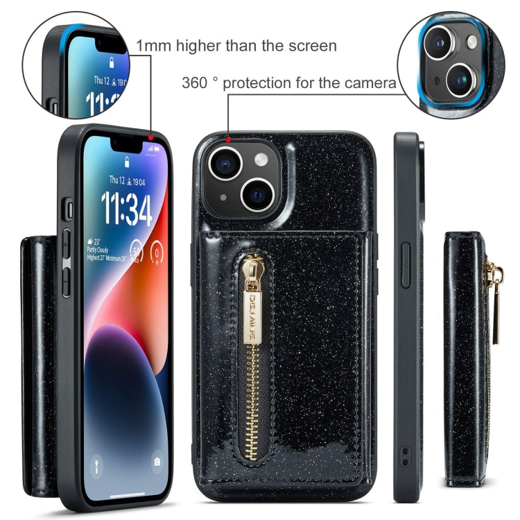 Avelena | iPhone 15 DG.MING M3 Serie Glitzerpulver Kartenetui Leder Handyhülle - Schwarz