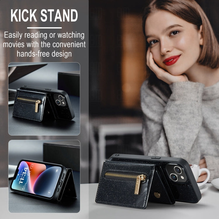 Avelena | iPhone 15 DG.MING M3 Serie Glitzerpulver Kartenetui Leder Handyhülle - Schwarz