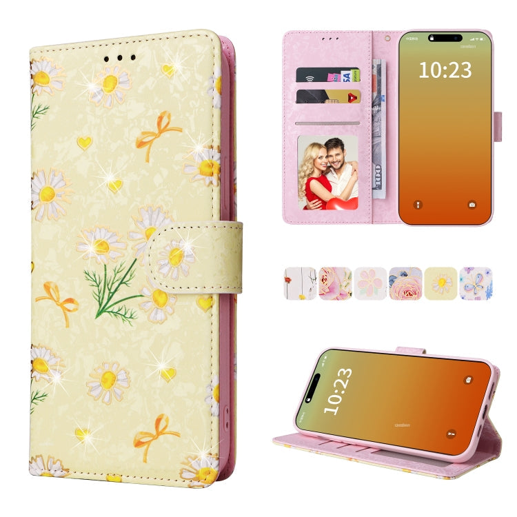 Avelena | Iphone 15 Pro Bronzing Painting Rfid Lederhülle - Gelbe Gänseblümchen