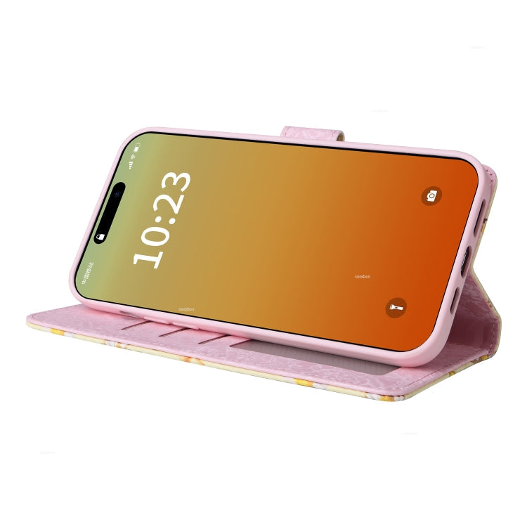 Avelena | Iphone 15 Pro Bronzing Painting Rfid Lederhülle - Gelbe Gänseblümchen