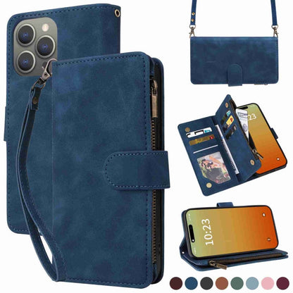 Avelena | iPhone 15 Pro Crossbody Mehrfachkarten Steckplatz Geldbörse Reißverschluss Leder Handyhülle - Dunkelblau