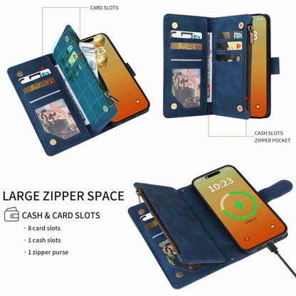 Avelena | iPhone 15 Pro Crossbody Mehrfachkarten Steckplatz Geldbörse Reißverschluss Leder Handyhülle - Dunkelblau
