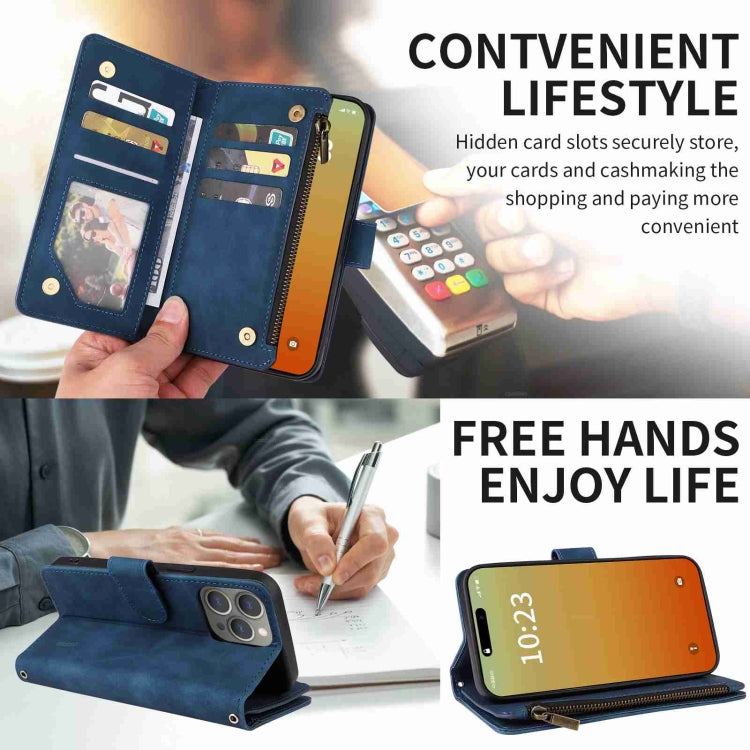 Avelena | iPhone 15 Pro Crossbody Mehrfachkarten Steckplatz Geldbörse Reißverschluss Leder Handyhülle - Dunkelblau