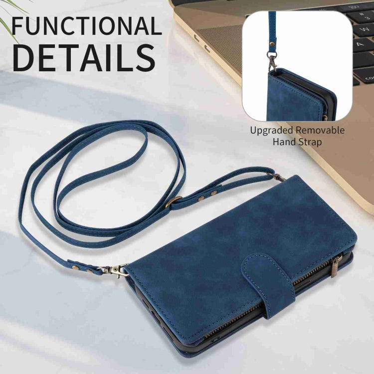 Avelena | iPhone 15 Pro Crossbody Mehrfachkarten Steckplatz Geldbörse Reißverschluss Leder Handyhülle - Dunkelblau