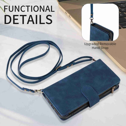 Avelena | iPhone 15 Pro Crossbody Mehrfachkarten Steckplatz Geldbörse Reißverschluss Leder Handyhülle - Dunkelblau